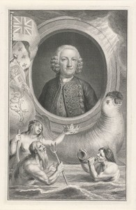 Portret van George Anson met allegorische figuren