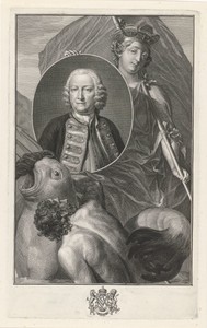 Portret van George Anson met allegorische figuur