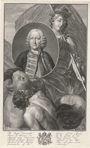 Portret van George Anson met allegorische figuur