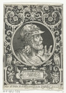 Portret van Godfried van Bouillon in medaillon binnen rechthoekige omlijsting met ornamenten