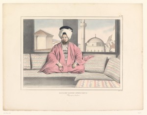 Portret van gouveneur Mouhamet Ruscien Effendi Dervis zittend op een bank voor een raam
