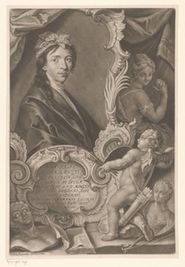 Portret van Gregorius Brandmüller in schilderijlijst, omringd door Venus, Cupido en het portret van zijn vrouw