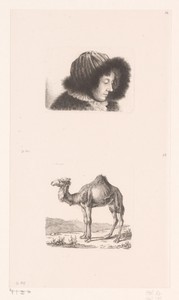 Portret van Gunda von Savigny met pelsmuts en een staande kameel