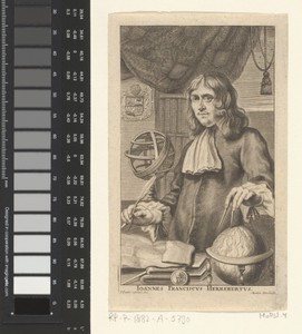 Portret van J.F. Herrebertus staande met pen en papier in de hand bij een globe. In het marge: Ioannes Franciscvs Herrebertv, links: I.I. van Opstal del.: rechts: Ma.. Bouché feci