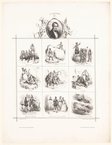 Portret van James Fenimore Cooper en negen voorstellingen uit zijn werken
