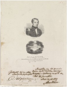 Portret van Jan van Speyk en de ontploffing van zijn schip