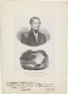 Portret van Jan van Speyk en de ontploffing van zijn schip