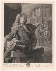 Portret van Jean-Balthazar Keller aan een kanon, wijzend naar een ruiterstandbeeld van Lodewijk XIV van Frankrijk