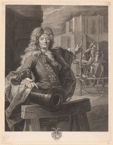 Portret van Jean-Balthazar Keller aan een kanon, wijzend naar een ruiterstandbeeld van Lodewijk XIV van Frankrijk
