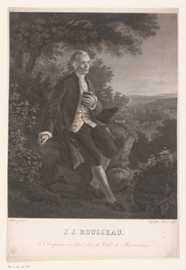 Portret van Jean-Jacques Rousseau, gezeten op een rots in een landschap