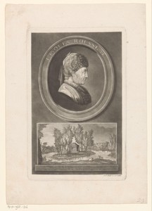 Portret van Jean-Jacques Rousseau met onder zijn graftombe in een landschap