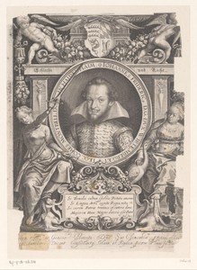 Portret van Johann Friedrich von Württemberg in decoratieve omlijsting met de personificaties Rechtvaardigheid (Justitia) en Kuisheid (Castitas)