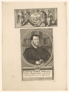 Portret van Johann Picardt op 44-jarige leeftijd en een vignet met voorstelling van de uitstorting van de Heilige Geest