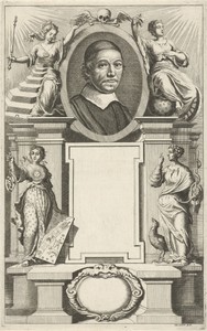 Portret van Johannes de Mey, geflankeerd door Wijsbegeerte en Godgeleerdheid