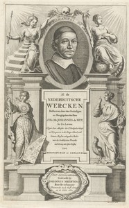 Portret van Johannes de Mey, geflankeerd door Wijsbegeerte en Godgeleerdheid