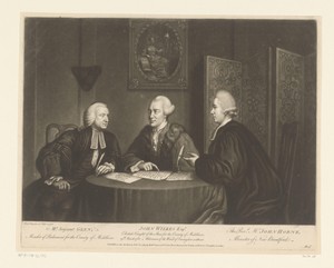 Portret van John Glyn, John Wilkes en John Horne aan een tafel