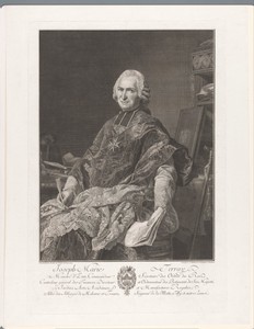 Portret van Joseph Marie Terray aan een bureau met een pen en brief in zijn hand