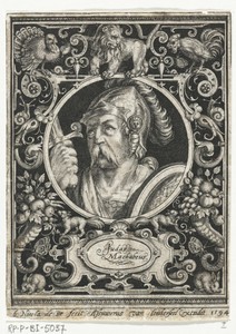 Portret van Judas de Makkabeër in medaillon binnen rechthoekige omlijsting met ornamenten