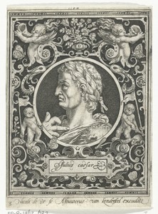 Portret van Julius Caesar in medaillon binnen rechthoekige omlijsting met ornamenten