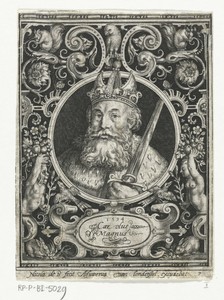 Portret van Karel de Grote in medaillon binnen rechthoekige omlijsting met ornamenten