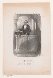 Portret van Karl Friedrich August Gützlaff op een preekstoel