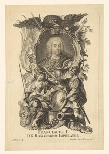 Portret van keizer Frans I Stefan met allegorie op strijdkracht