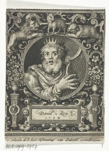 Portret van Koning David in medaillon binnen rechthoekige omlijsting met ornamenten