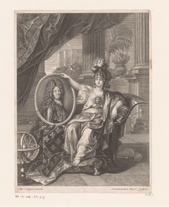 Portret van Lodewijk XIV in een medaillon opgehouden door Minerva