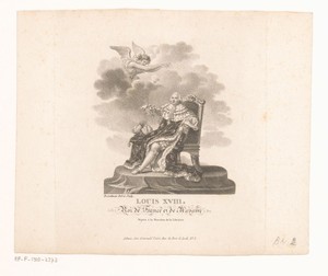 Portret van Lodewijk XVIII, gezeten op zijn troon