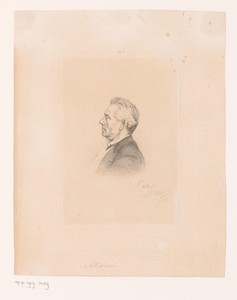 Portret van Louis-Joseph Alvin, hoofdconservator van de Koninklijke Bibliotheek van België, en profil