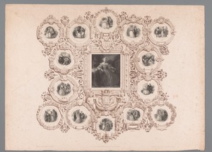Portret van Louise Marie van Orléans met ornamentele omlijsting met diverse voorstellingen