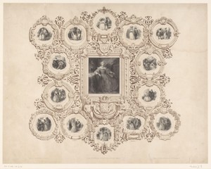 Portret van Louise Marie van Orléans met ornamentele omlijsting met diverse voorstellingen