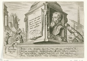 Portret van Maarten van Heemskerck op de sokkel van een zuil