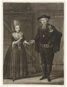 Portret van Maria Elisabeth Ghijben en Anthony Angemeer als Fransijn en Govart in het toneelstuk De vrek