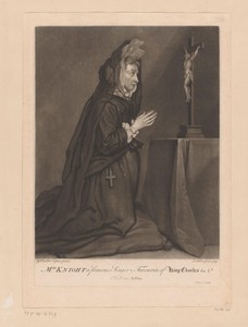 Portret van Mary Knight geknield voor een crucifix