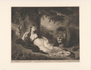 Portret van Mary Lawrence met een leeuw in een landschap