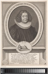 Portret van Matthias Sebastian Lang met onder zijn niersteen in een cartouche