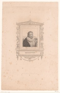 Portret van Miguel de Cervantes in een versierde cartouche