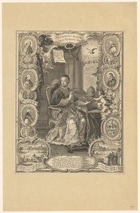 Portret van paus Pius VI omringd door medaillons met portretten van voorgangers