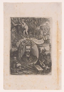 Portret van Petrus Borel omringd door scènes uit Champavert