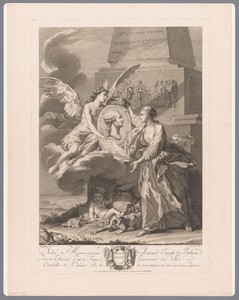 Portret van Pierre-Laurent Buirette de Belloy vastgehouden door een genie op een wolk met rechts de personificatie van de stad Calais