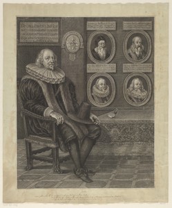 Portret van raadslid Georg Paulus Imhoff, zittend voor de portretten van zijn voorgangers