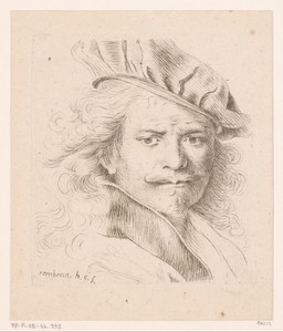 Portret van Rembrandt met muts en opgezette kraag