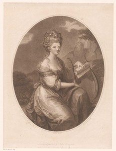 Portret van Sarah Bates met lier en bladmuziek