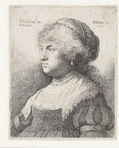 Portret van Saskia met een parelsnoer in het haar