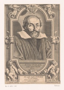 Portret van Scipion Dupleix in een ornamentele lijst met putti