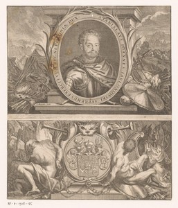 Portret van Stanislaw Jan Jablonowski in medaillon omringd door oorlogsbuit
