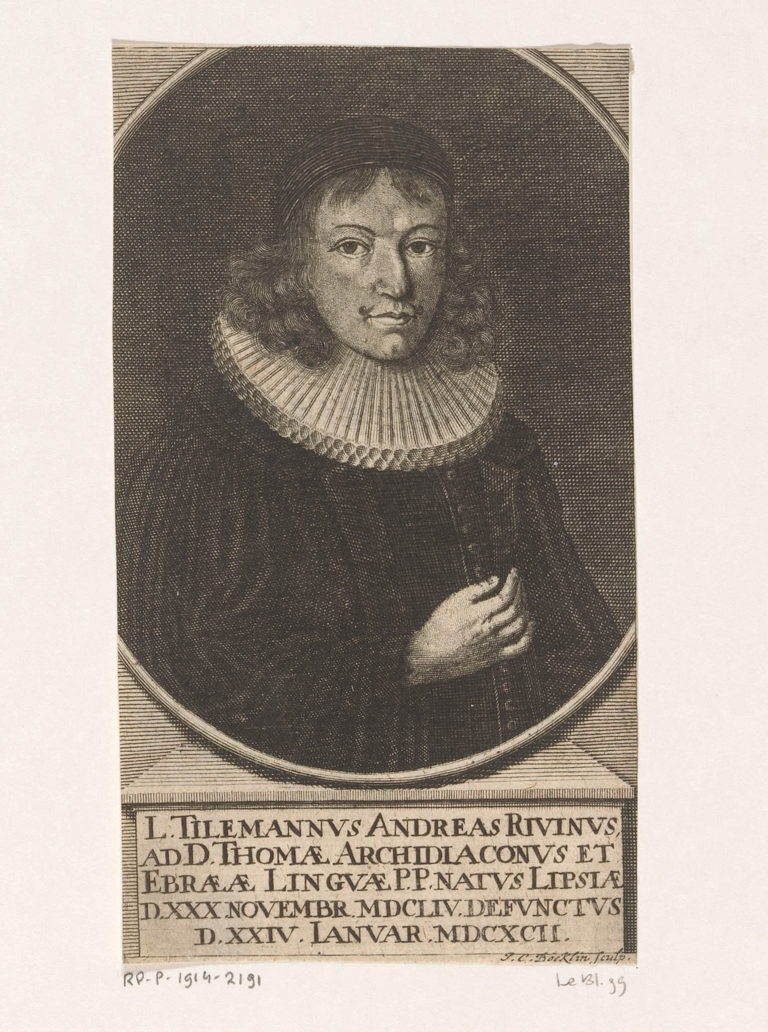 Portret van Tilemann Andreas Rivinus by Johann Christoph Boecklin