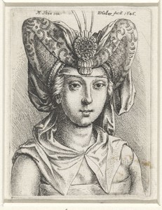 Portret van vrouw met V-vormige bourrelet op het hoofd