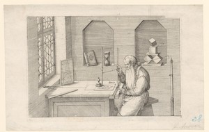 Portret van Wenzel Jamnitzer, bezig met perspectivische berekeningen